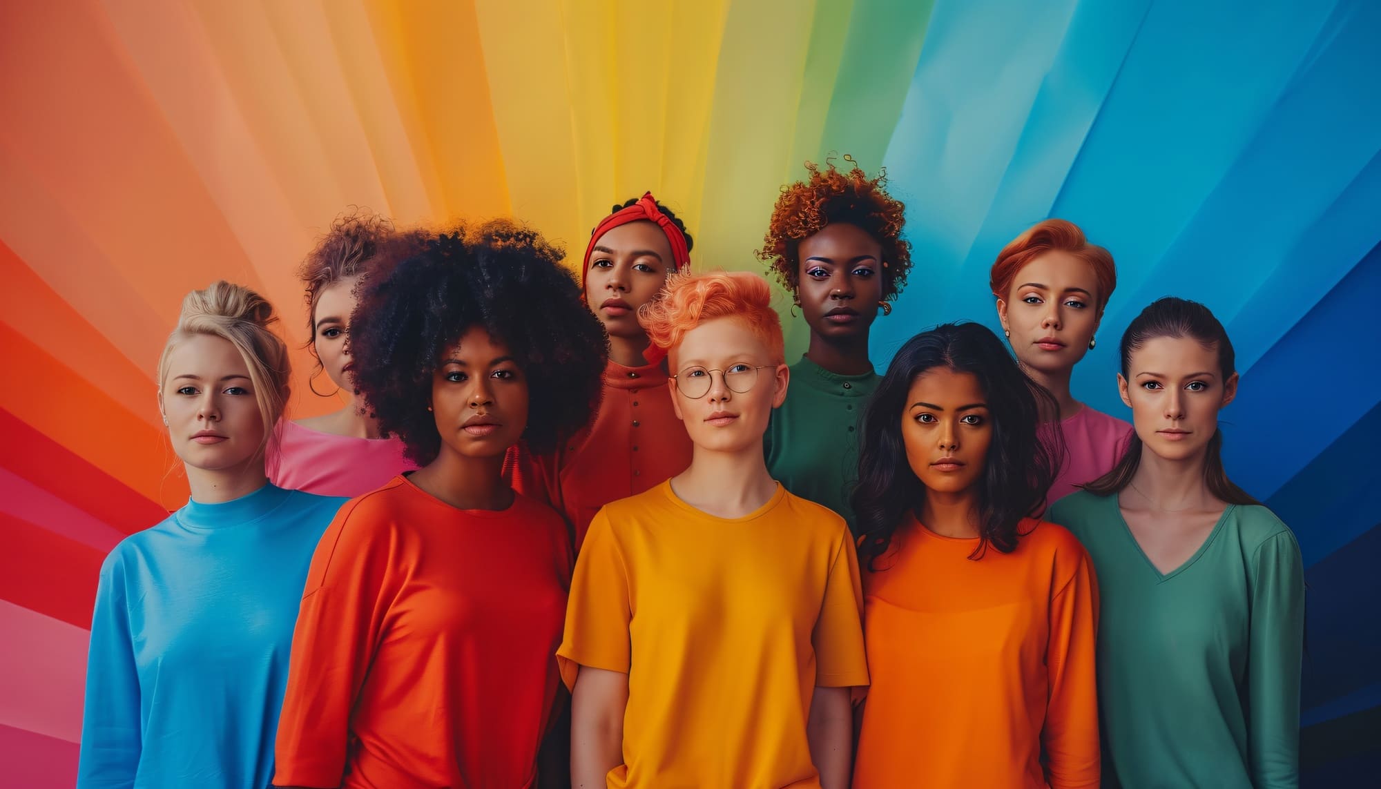 A diverse group of women wearing vibrant rainbow-colored shirts, standing together in a display of unity and pride.