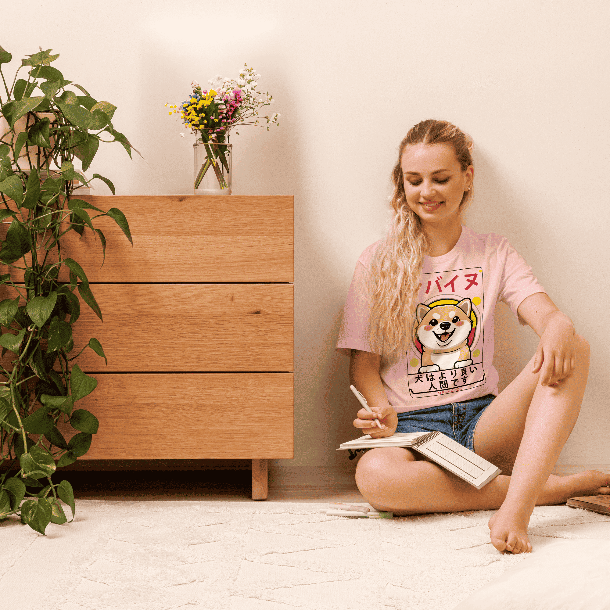 A woman sits on the floor, engrossed in a book, with a potted plant beside her, creating a serene reading atmosphere.
