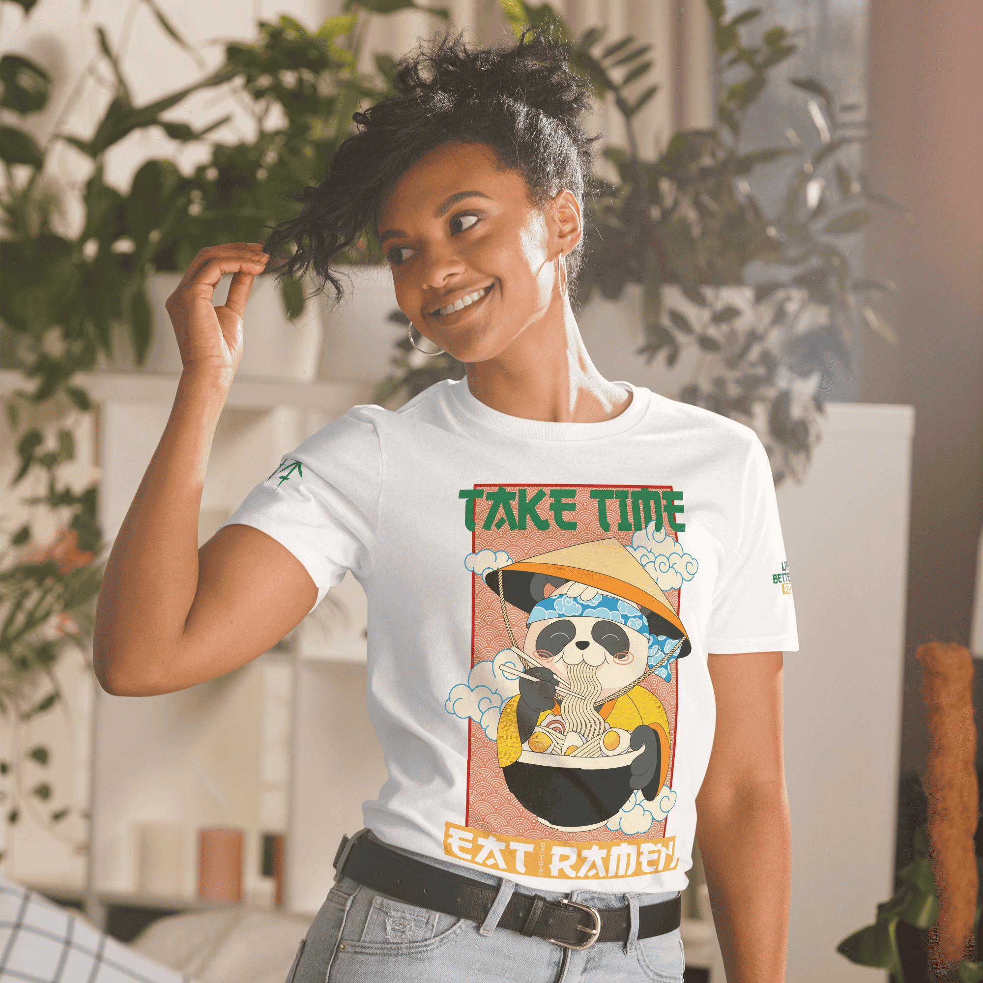 A casual t-shirt featuring the phrase "Take It Easy, Eat Better" in a stylish font, promoting a healthy lifestyle.