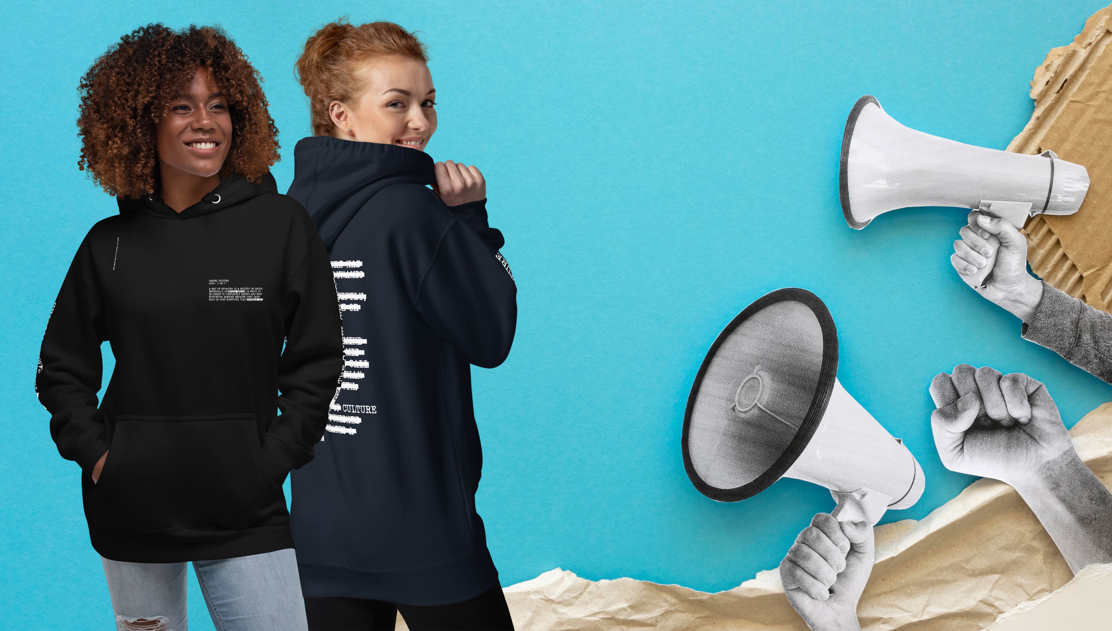 A woman grips a megaphone passionately, while her friend in a hoodie stands by her side, showcasing solidarity.