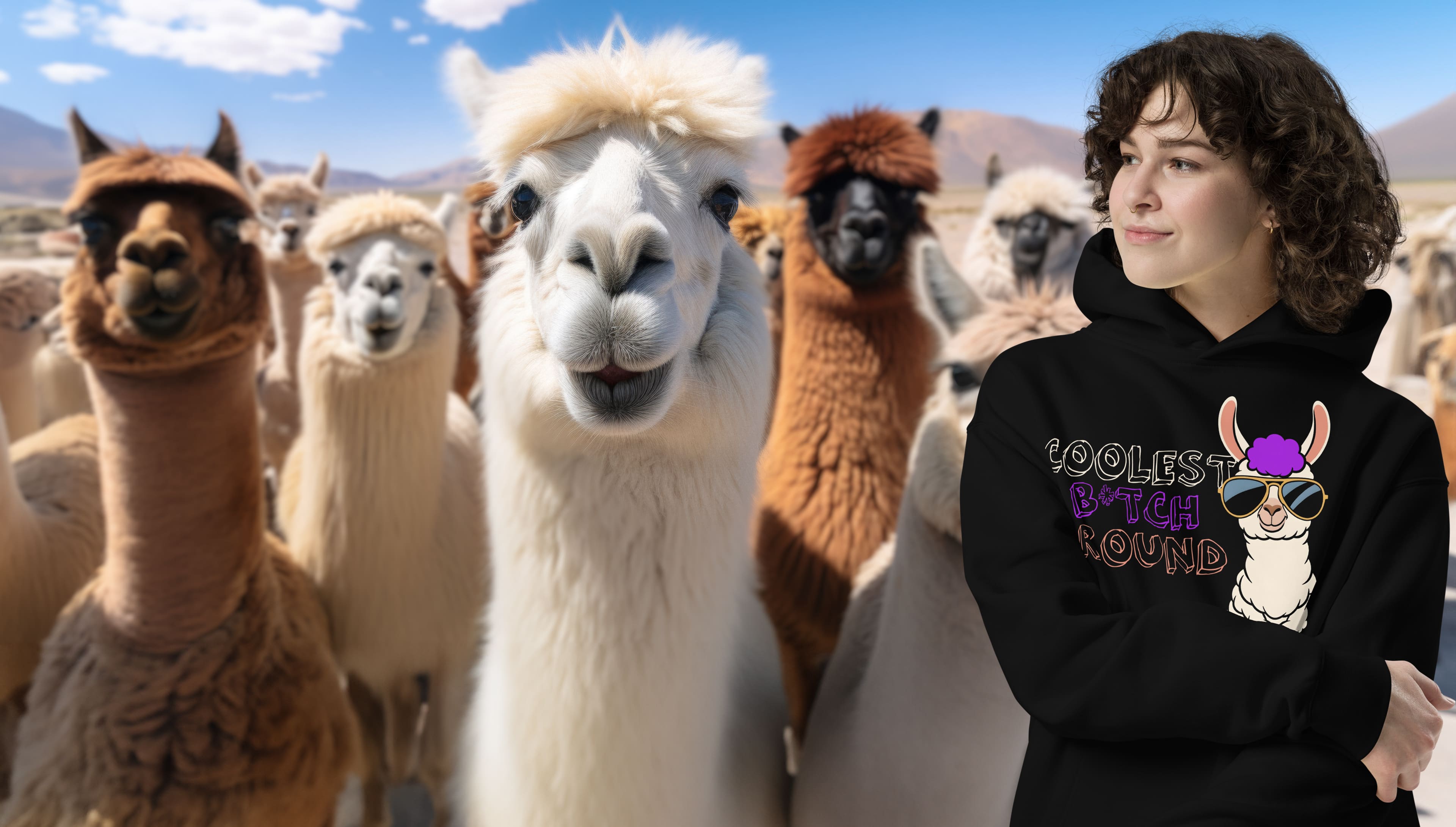 A young girl dressed in a hoodie poses with a llama behind him, capturing a moment of joy and companionship.