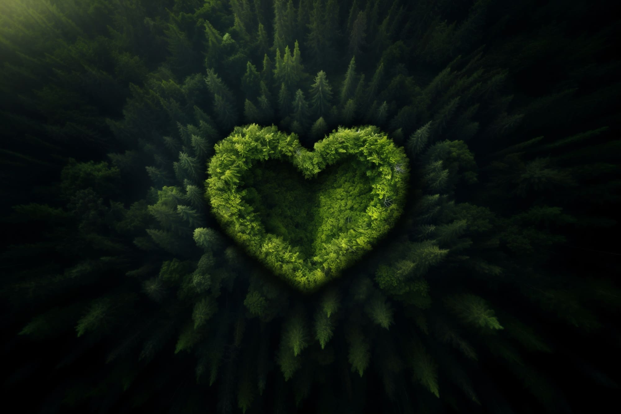 A heart-shaped forest in vibrant green stands out against a dark backdrop, creating a striking and serene visual contrast.
