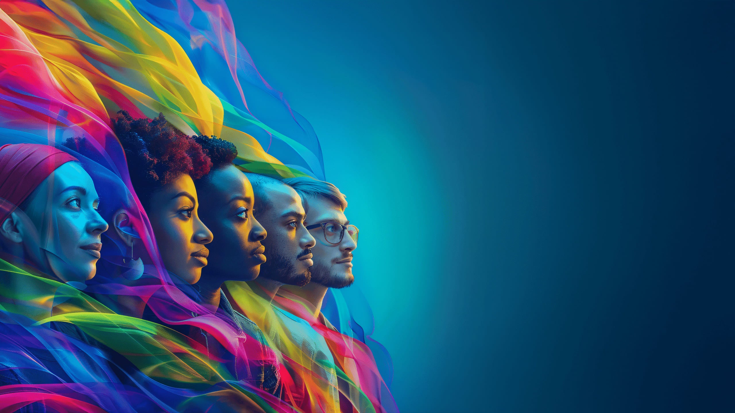 A diverse group of individuals surrounded by vibrant, swirling clouds of colorful smoke, creating a lively atmosphere.