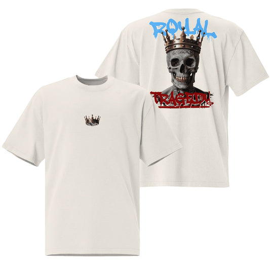 An oversized t-shirt in a soft faded bone color, featuring the "Royal Tragedy" design with bold, dramatic artwork. Its relaxed fit and neutral tone make it a versatile piece for casual wear with an edgy aesthetic.