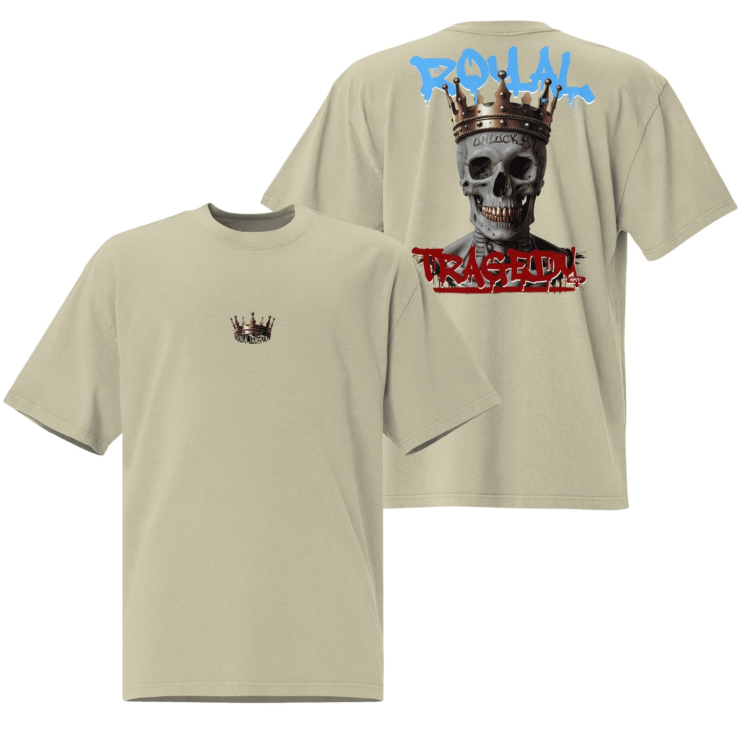 A faded eucalyptus green oversized t-shirt showcasing the "Royal Tragedy" design, blending a muted earthy hue with striking and regal graphics. Perfect for a stylish and understated look.
