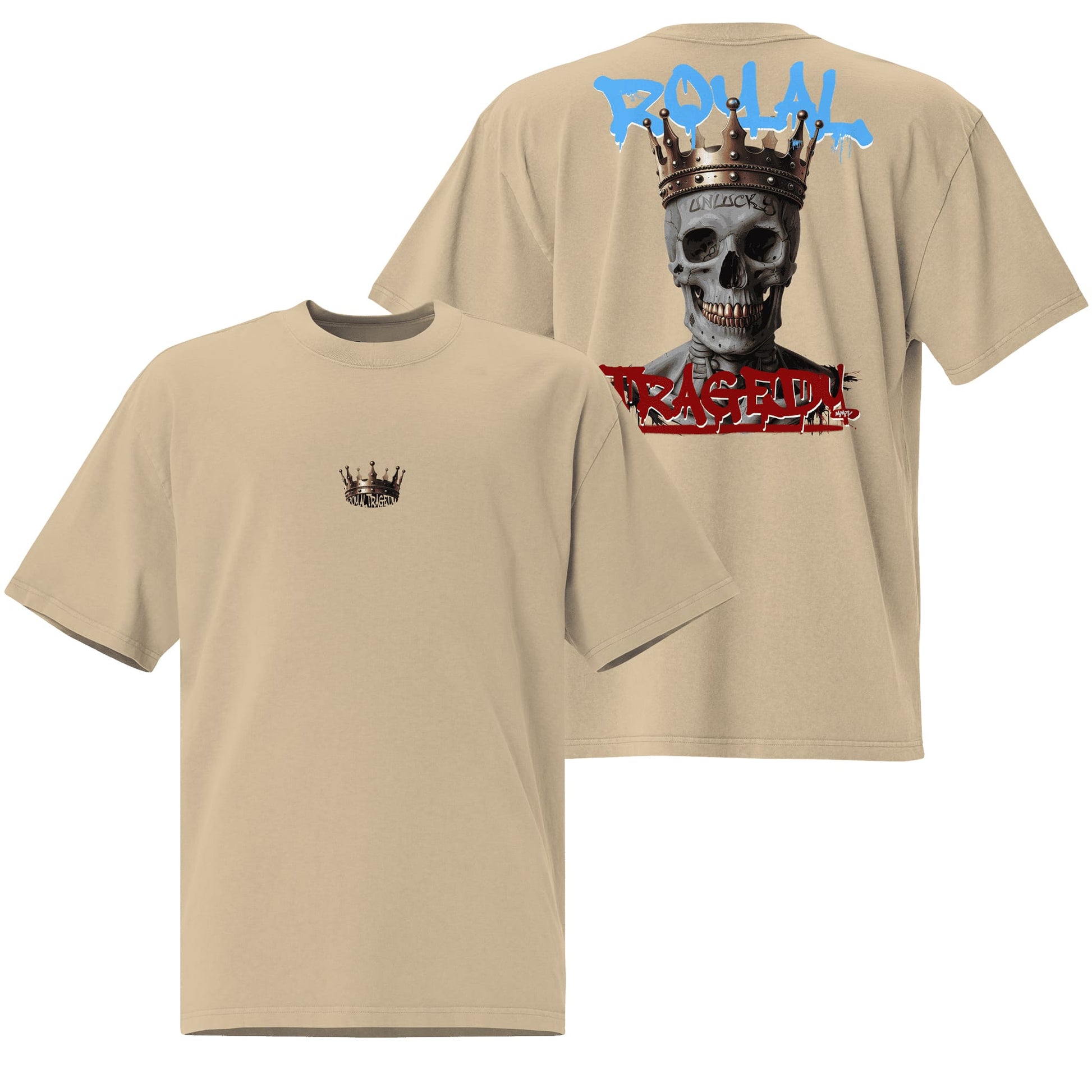 An oversized t-shirt in a faded khaki shade adorned with the "Royal Tragedy" design, combining a subdued color palette with impactful visuals. Ideal for casual wear that balances comfort and a modern edge.