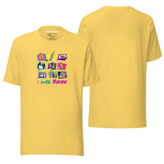 A bright yellow T-shirt featuring the bold "I Was There" text design printed on the front. The shirt is displayed flat, emphasizing its cheerful color and casual style against a neutral backdrop.