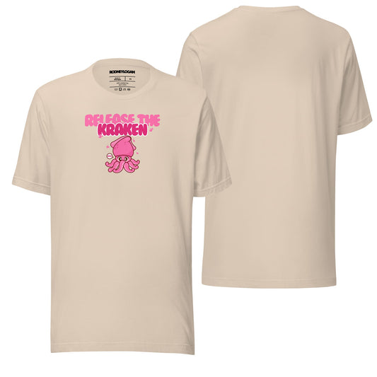 A soft cream t-shirt featuring a bold "Release the Kraken" design with intricate ocean-themed illustrations. The shirt has a casual fit, blending style and comfort.