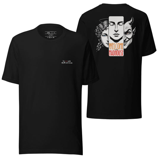 A sleek black t-shirt featuring the "Welcome to the Madhouse" design, with bold, edgy graphics that exude a rebellious and dynamic vibe. Perfect for casual wear with a statement-making aesthetic.