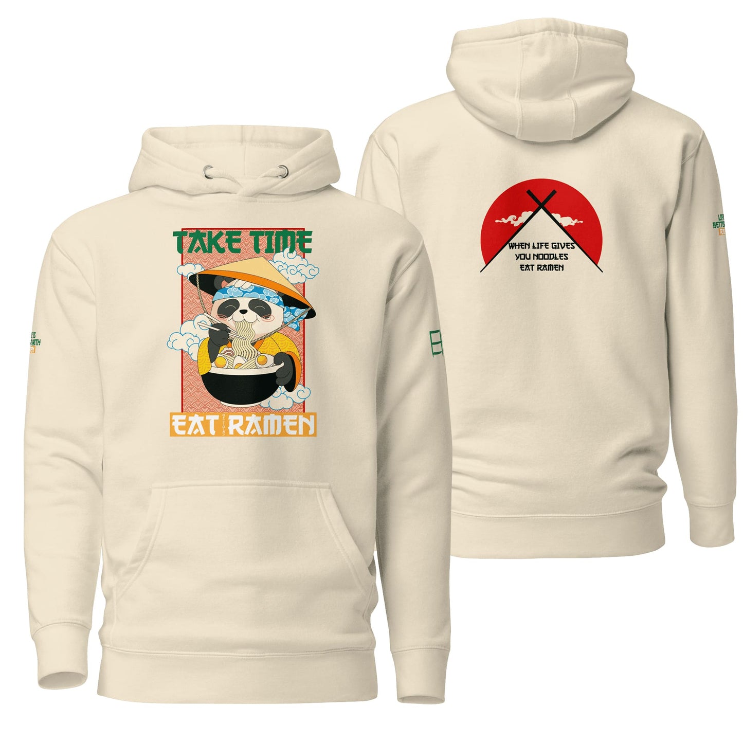 A neutral bone-colored hoodie showcasing the "Take Time, Eat Ramen" design, blending a subtle, earthy tone with fun and charming visuals. Great for understated, relaxed styling with a foodie twist.