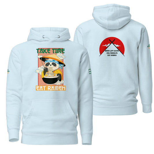 A soft sky blue hoodie featuring the "Take Time, Eat Ramen" design, with playful graphics and text celebrating ramen culture. Includes a drawstring hood and front pocket, perfect for a cozy and lighthearted casual look.