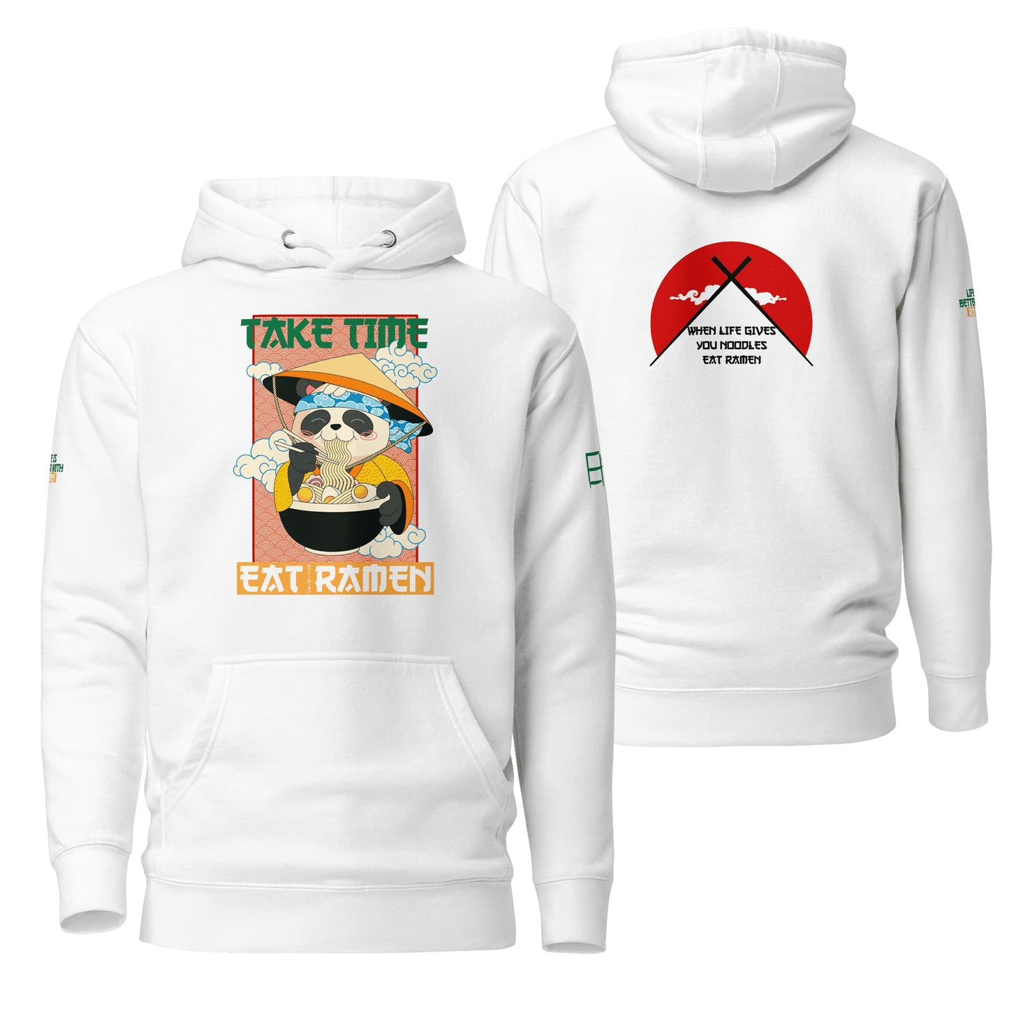 A crisp white hoodie adorned with the "Take Time, Eat Ramen" design, offering a clean and versatile canvas for its quirky ramen-themed artwork. Ideal for everyday comfort with a touch of whimsy.