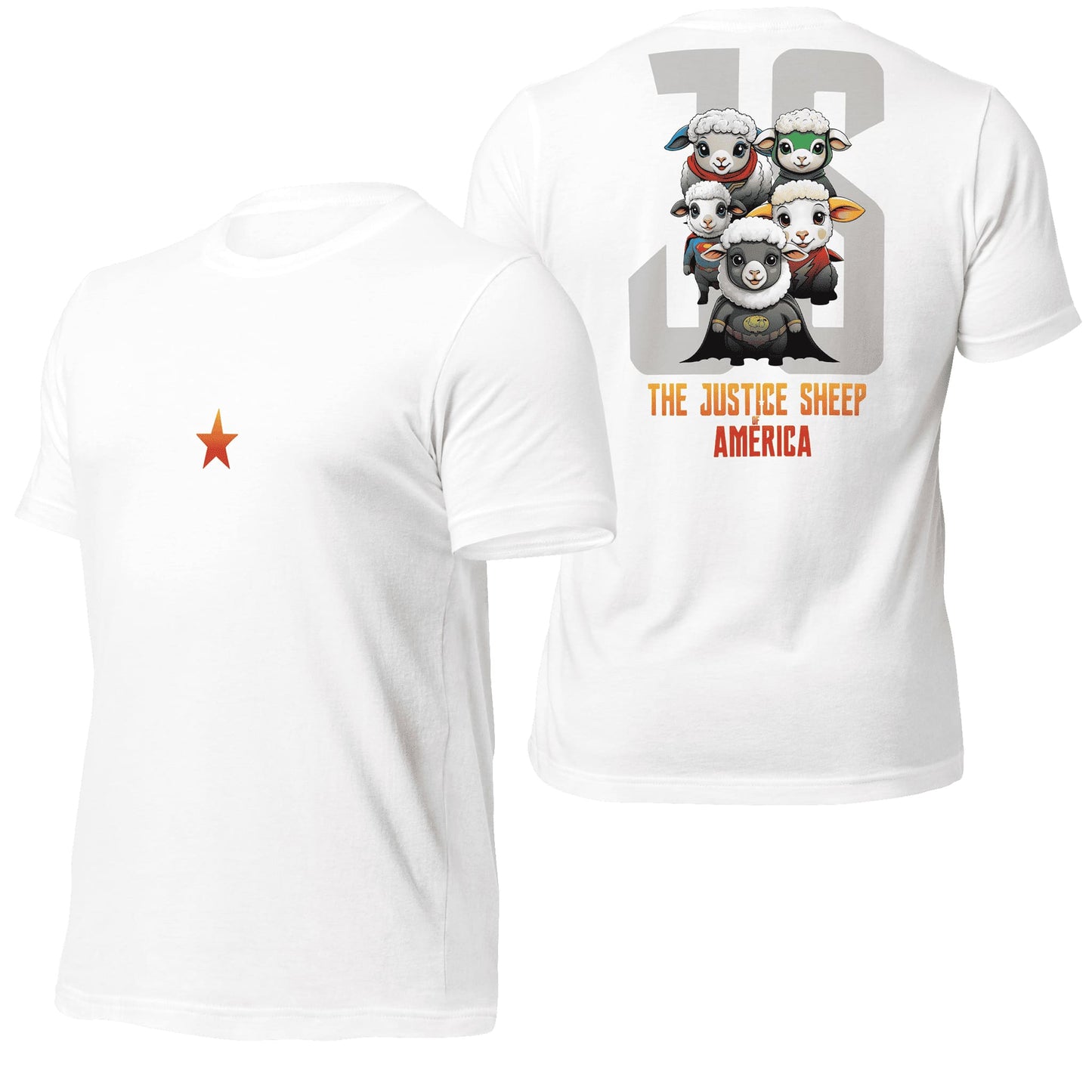 A crisp white t-shirt showcasing "The Justice Sheep of America" design, providing a clean and versatile background for its bold and quirky graphics. A timeless choice for effortless casual wear.