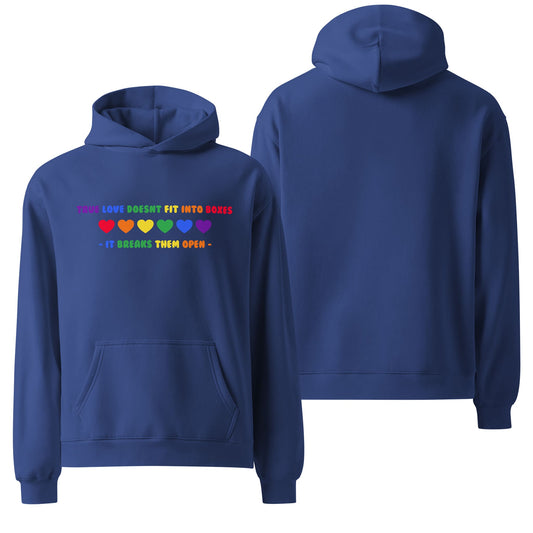 An oversized cobalt blue hoodie with "True Love" text in bold, white lettering, featuring a minimalistic rainbow heart graphic beneath. The design celebrates LGBTQ+ pride and inclusivity.