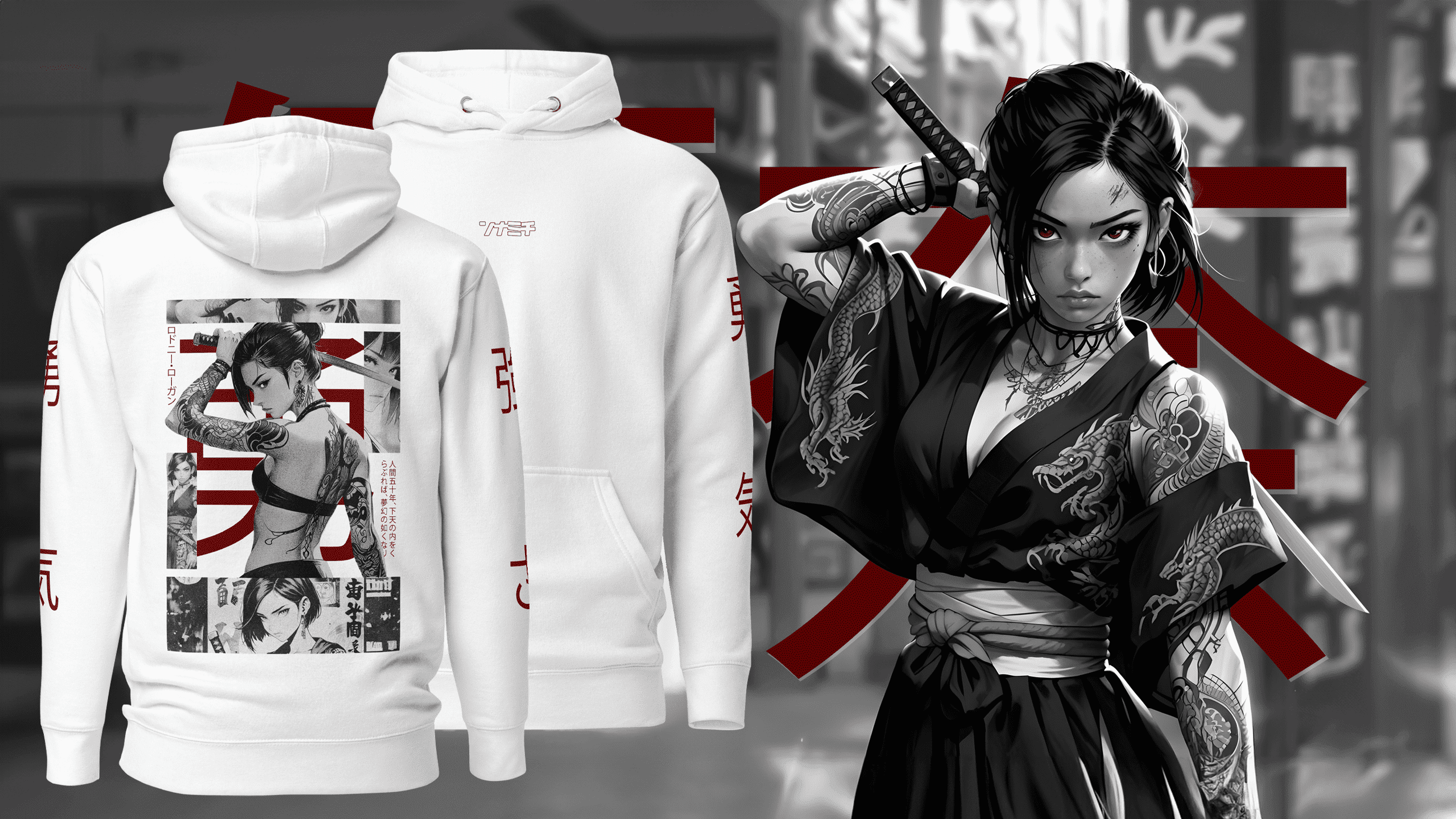 A white hoodie featuring an image of a woman confidently holding a sword, showcasing strength and style.